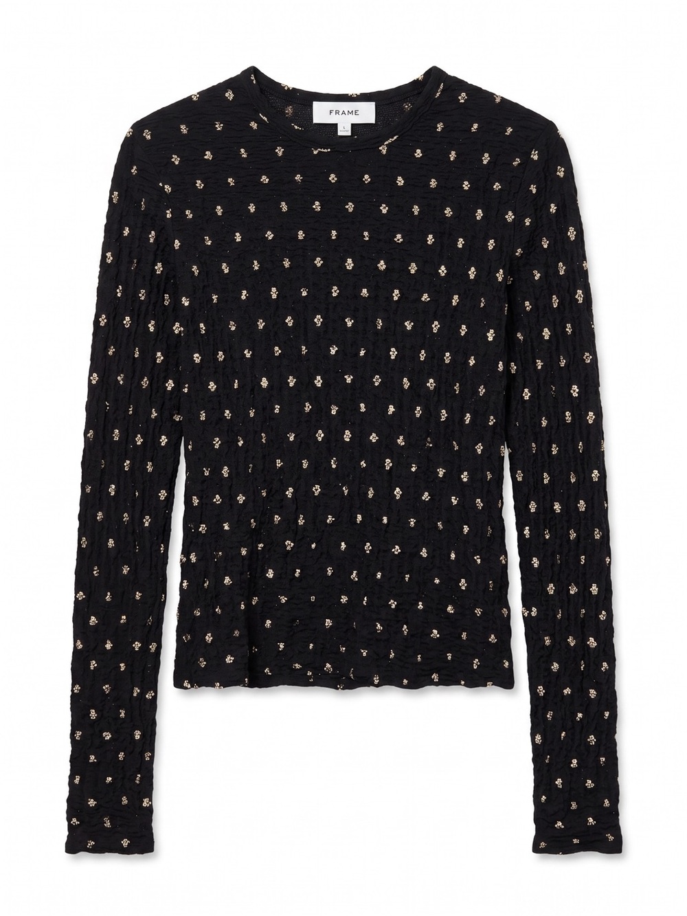 Frame Denim Black Long-Sleeve Metallic Textured Top with Gold Dot Embellishments